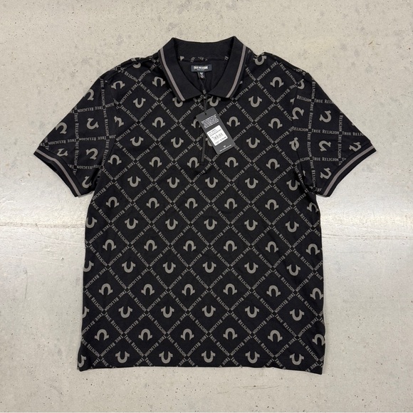True Religion Black and Gray Logo Patterned Polo Shirt - Picture 1 of 4